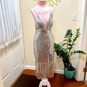 Silver sparkly midi dress with slit in front